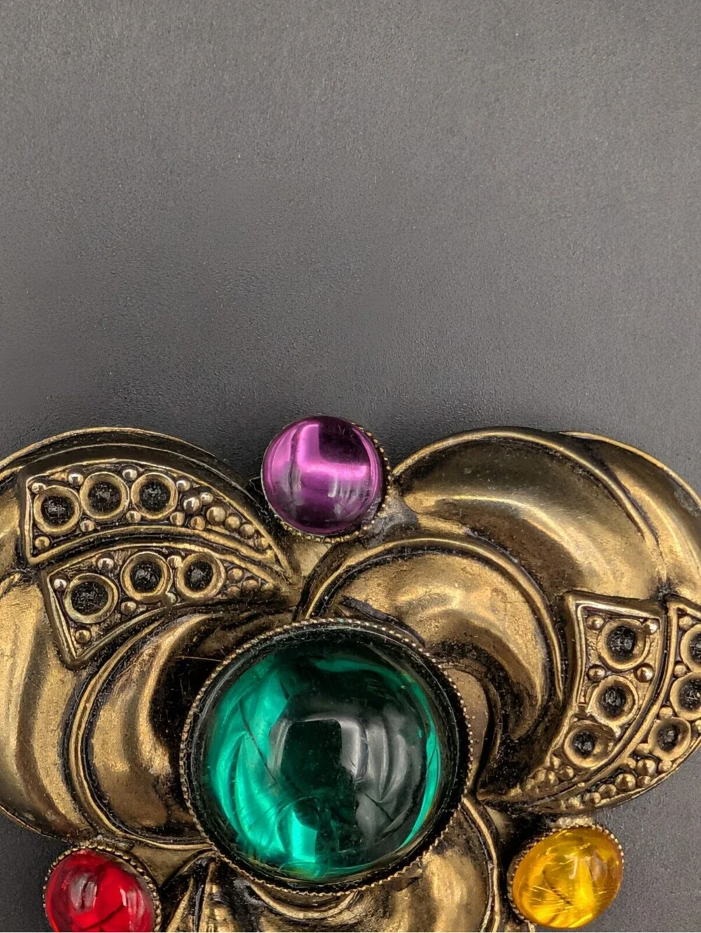 Vintage Art Deco Revival Brass Trefoil Brooch Emerald Red Yellow Glass Cabochon